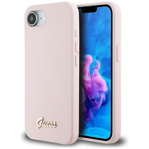 Guess Silicone Script Metal Logo MagSafe - Etui do iPhone 16e (różowy) Guess Guess Silicone Script Metal Logo MagSafe - Etui do iPhone 16e (różowy) Guess