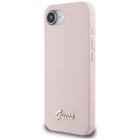 Guess Silicone Script Metal Logo MagSafe - Etui do iPhone 16e (różowy) Guess Guess Silicone Script Metal Logo MagSafe - Etui do iPhone 16e (różowy) Guess