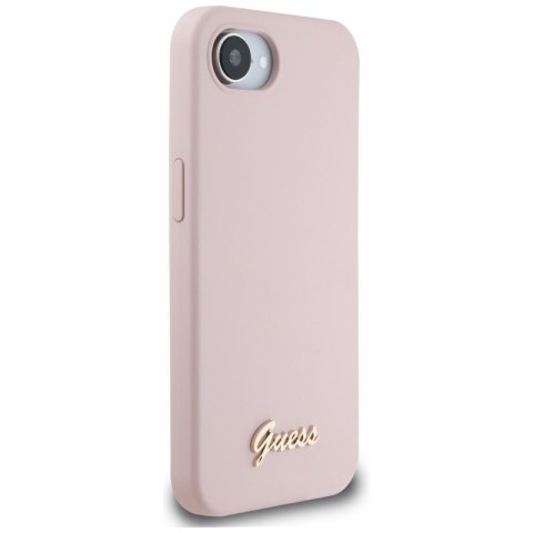 Guess Silicone Script Metal Logo MagSafe - Etui do iPhone 16e (różowy) Guess Guess Silicone Script Metal Logo MagSafe - Etui do iPhone 16e (różowy) Guess