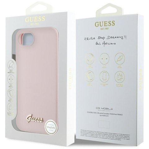 Guess Silicone Script Metal Logo MagSafe - Etui do iPhone 16e (różowy) Guess Guess Silicone Script Metal Logo MagSafe - Etui do iPhone 16e (różowy) Guess