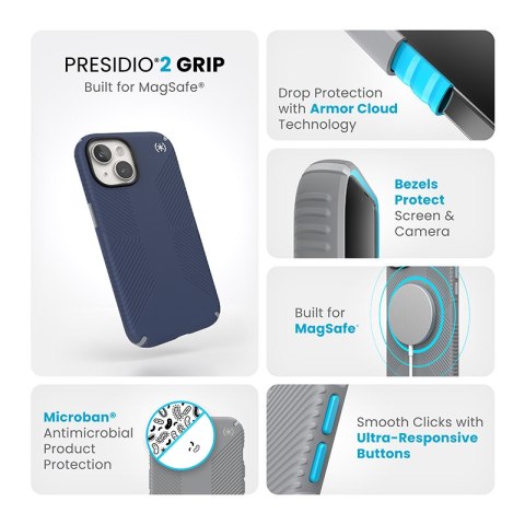 Speck Presidio2 Grip Magsafe - Etui iPhone 16e / iPhone 15 / iPhone 14 / iPhone 13 (Coastal Blue / Dust Grey / White) Speck Speck Presidio2 Grip Magsafe - Etui iPhone 16e / iPhone 15 / iPhone 14 / iPhone 13 (Coastal Blue / Dust Grey / White) Speck