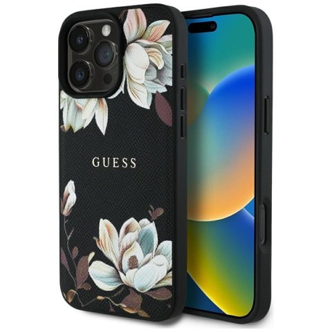 Guess Grained Printed Flower Pattern MagSafe - Etui do iPhone 16 Pro Max (czarny) Guess Guess Grained Printed Flower Pattern MagSafe - Etui do iPhone 16 Pro Max (czarny) Guess