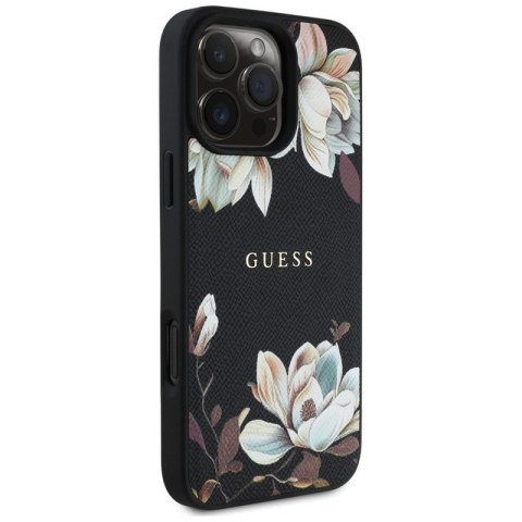 Guess Grained Printed Flower Pattern MagSafe - Etui do iPhone 16 Pro Max (czarny) Guess Guess Grained Printed Flower Pattern MagSafe - Etui do iPhone 16 Pro Max (czarny) Guess