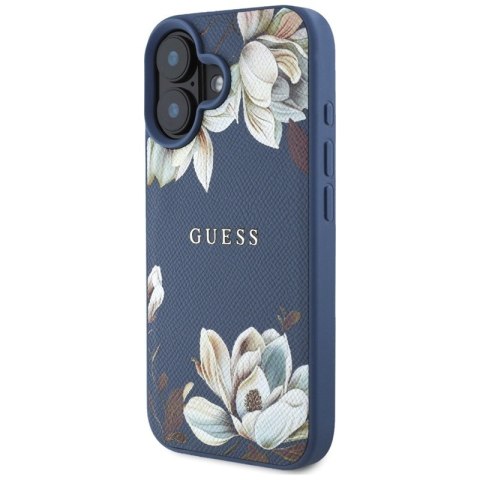 Guess Grained Printed Flower Pattern MagSafe - Etui do iPhone 16 (niebieski) Guess Guess Grained Printed Flower Pattern MagSafe - Etui do iPhone 16 (niebieski) Guess