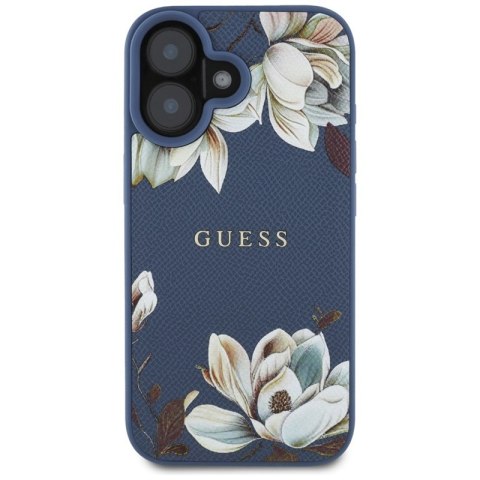 Guess Grained Printed Flower Pattern MagSafe - Etui do iPhone 16 (niebieski) Guess Guess Grained Printed Flower Pattern MagSafe - Etui do iPhone 16 (niebieski) Guess
