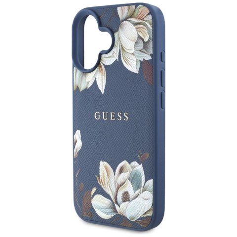 Guess Grained Printed Flower Pattern MagSafe - Etui do iPhone 16 (niebieski) Guess Guess Grained Printed Flower Pattern MagSafe - Etui do iPhone 16 (niebieski) Guess