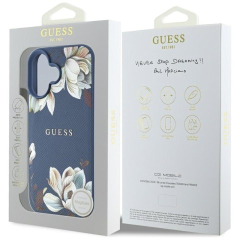 Guess Grained Printed Flower Pattern MagSafe - Etui do iPhone 16 (niebieski) Guess Guess Grained Printed Flower Pattern MagSafe - Etui do iPhone 16 (niebieski) Guess