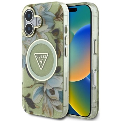 Guess Glitter Flowers Triangle Buttons MagSafe - Etui do iPhone 16 zielony Guess Guess Glitter Flowers Triangle Buttons MagSafe - Etui do iPhone 16 zielony Guess