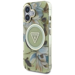 Guess Glitter Flowers Triangle Buttons MagSafe - Etui do iPhone 16 zielony Guess