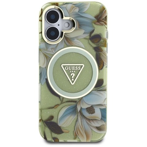 Guess Glitter Flowers Triangle Buttons MagSafe - Etui do iPhone 16 zielony Guess Guess Glitter Flowers Triangle Buttons MagSafe - Etui do iPhone 16 zielony Guess