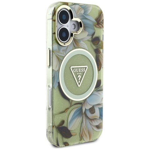 Guess Glitter Flowers Triangle Buttons MagSafe - Etui do iPhone 16 zielony Guess Guess Glitter Flowers Triangle Buttons MagSafe - Etui do iPhone 16 zielony Guess