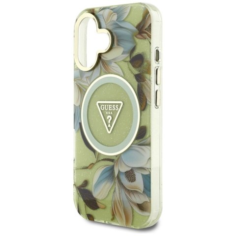 Guess Glitter Flowers Triangle Buttons MagSafe - Etui do iPhone 16 zielony Guess Guess Glitter Flowers Triangle Buttons MagSafe - Etui do iPhone 16 zielony Guess