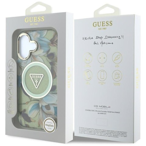 Guess Glitter Flowers Triangle Buttons MagSafe - Etui do iPhone 16 zielony Guess Guess Glitter Flowers Triangle Buttons MagSafe - Etui do iPhone 16 zielony Guess