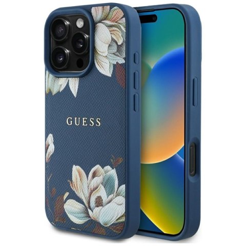 Guess Grained Printed Flower Pattern MagSafe - Etui do iPhone 16 Pro Max (niebieski) Guess Guess Grained Printed Flower Pattern MagSafe - Etui do iPhone 16 Pro Max (niebieski) Guess