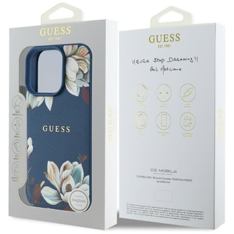 Guess Grained Printed Flower Pattern MagSafe - Etui do iPhone 16 Pro Max (niebieski) Guess Guess Grained Printed Flower Pattern MagSafe - Etui do iPhone 16 Pro Max (niebieski) Guess