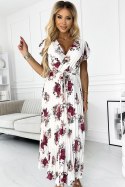 434-8 LISA Plisowana sukienka midi z dekoltem i falbankami - ecru + bordowe kwiaty Numoco basic