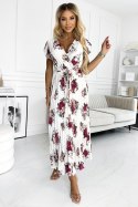 434-8 LISA Plisowana sukienka midi z dekoltem i falbankami - ecru + bordowe kwiaty Numoco basic