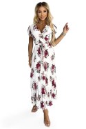 434-8 LISA Plisowana sukienka midi z dekoltem i falbankami - ecru + bordowe kwiaty Numoco basic