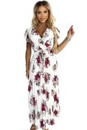 434-8 LISA Plisowana sukienka midi z dekoltem i falbankami - ecru + bordowe kwiaty Numoco basic