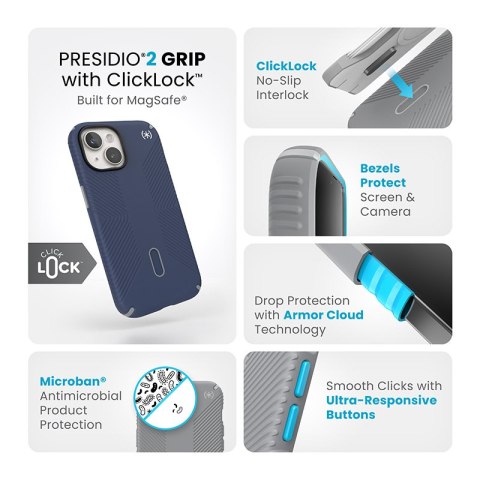Speck Presidio2 Grip ClickLock & MagSafe - Etui iPhone 16e / iPhone 15 / iPhone 14 / iPhone 13 (Coastal Blue / Dust Grey / White Speck Speck Presidio2 Grip ClickLock & MagSafe - Etui iPhone 16e / iPhone 15 / iPhone 14 / iPhone 13 (Coastal Blue / Dust Grey / White Speck
